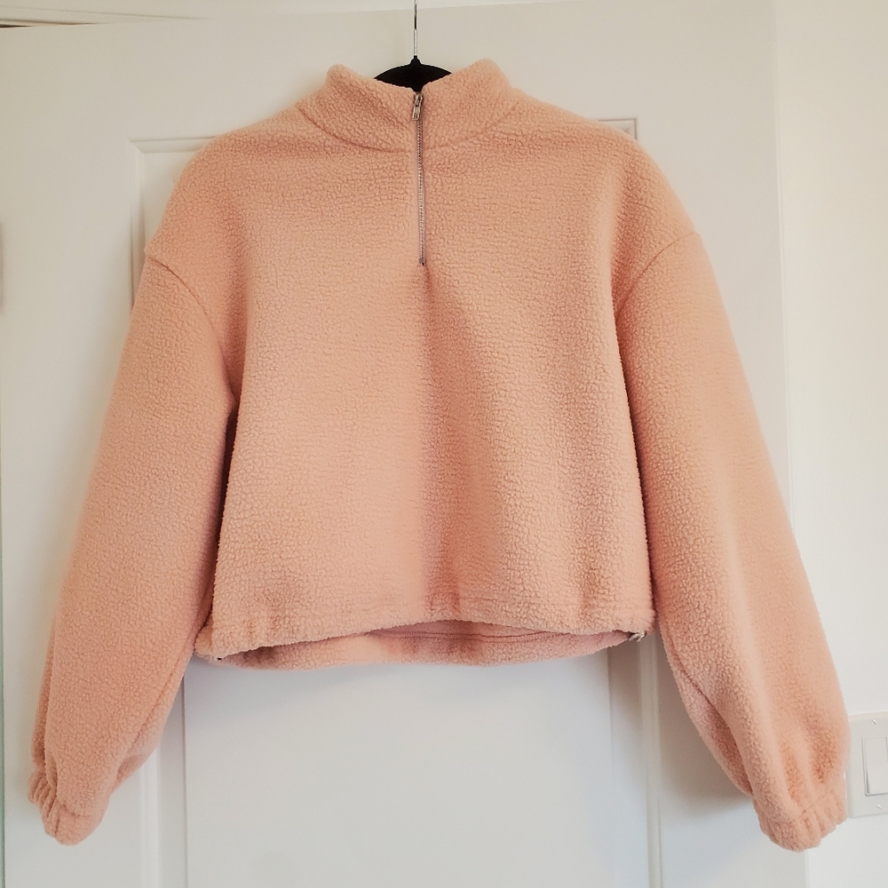 Cozy Cider Half-Zip Fleece Cropped Sweater- Peach Pink XXS NWT